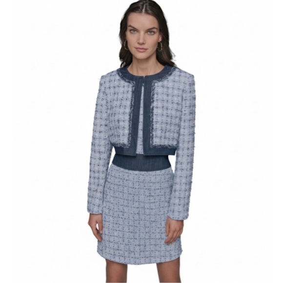 Karl Lagerfeld Jackets & Blazers - NWT Karl Lagerfeld Cropped Tweed Boucle Jacket Blue/White Metallic Trim Size 12